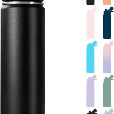 Fijinhom Insulated Water Bottle with Handle, 304 Stainless Steel Water Bottles with Wide Mouth, Double Wall Vacuum Sports Water Bottle, BPA Free, Keep Cold and Hot, 24 Ounces, Black