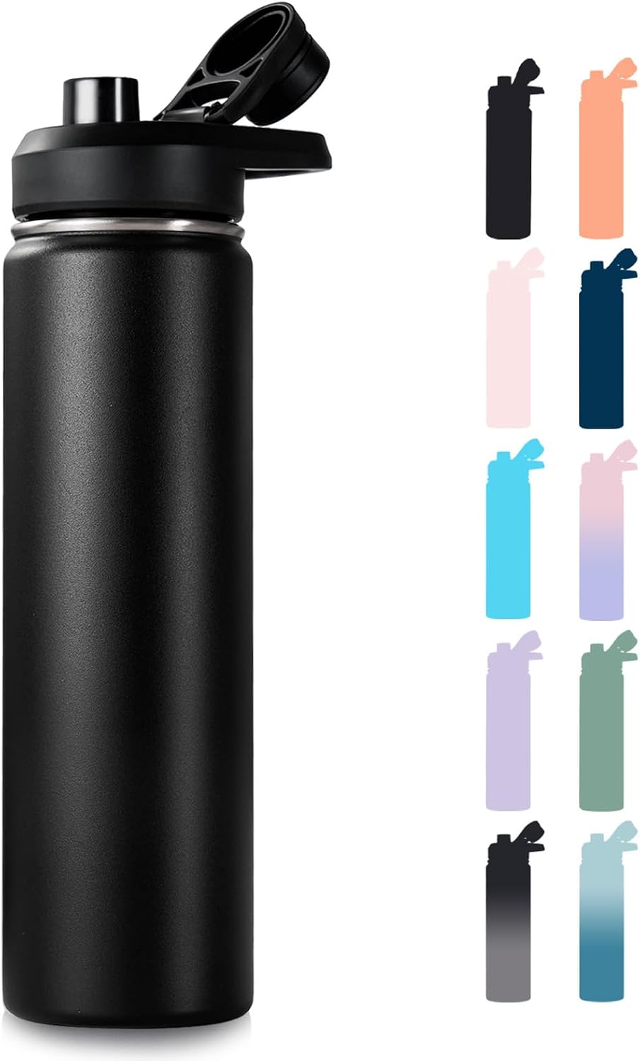 Fijinhom Insulated Water Bottle with Handle, 304 Stainless Steel Water Bottles with Wide Mouth, Double Wall Vacuum Sports Water Bottle, BPA Free, Keep Cold and Hot, 24 Ounces, Black