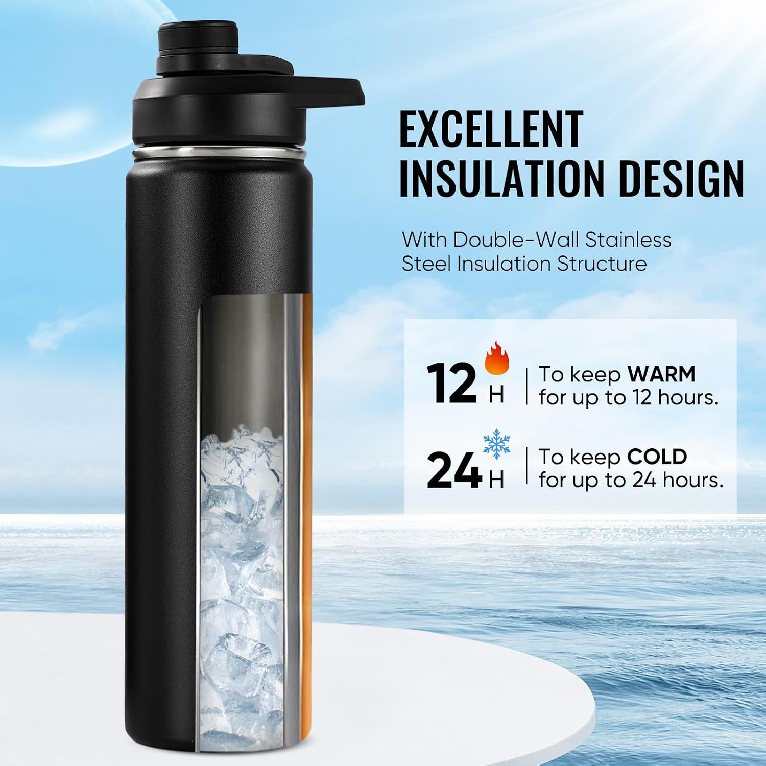Fijinhom Insulated Water Bottle with Handle, 304 Stainless Steel Water Bottles with Wide Mouth, Double Wall Vacuum Sports Water Bottle, BPA Free, Keep Cold and Hot, 24 Ounces, Black - Image 2