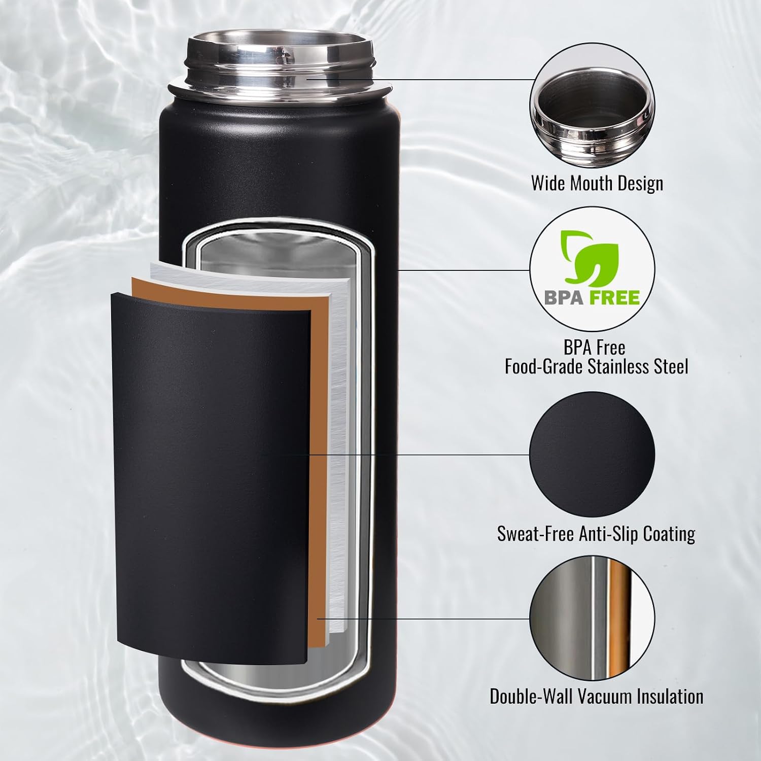 Fijinhom Insulated Water Bottle with Handle, 304 Stainless Steel Water Bottles with Wide Mouth, Double Wall Vacuum Sports Water Bottle, BPA Free, Keep Cold and Hot, 24 Ounces, Black - Image 3